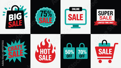 Assorted Sale Icons Featuring Big, Crazy, Hot, Super, and Percentage Off Deals Promotionally Presented