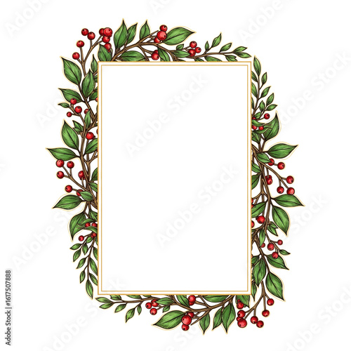 Golden Floral Frame with Red Berries and Green Leaves for Holiday Decor