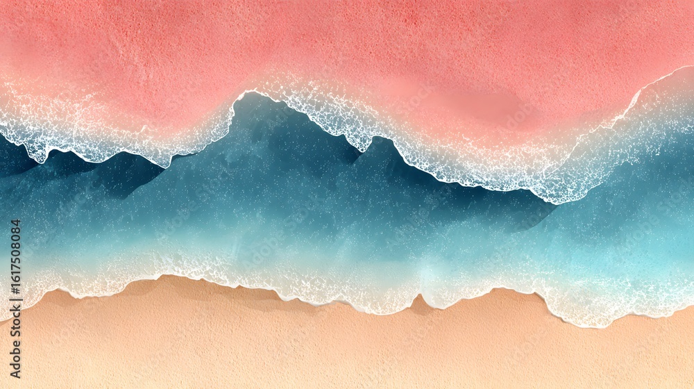 Fototapeta premium Aerial view of waves crashing on a beach with soft color palette.