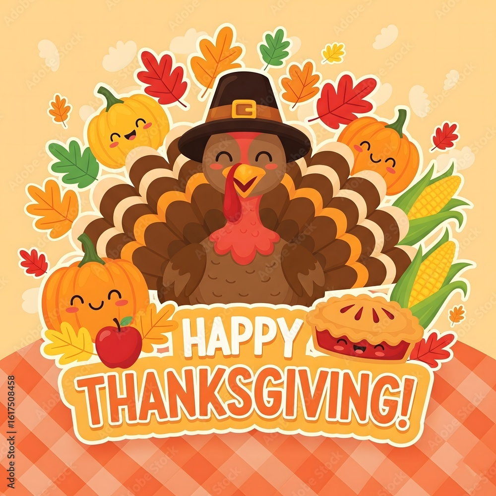 Obraz premium Cute cartoon turkey wearing a pilgrim hat surrounded by fall harvest elements and happy thanksgiving text