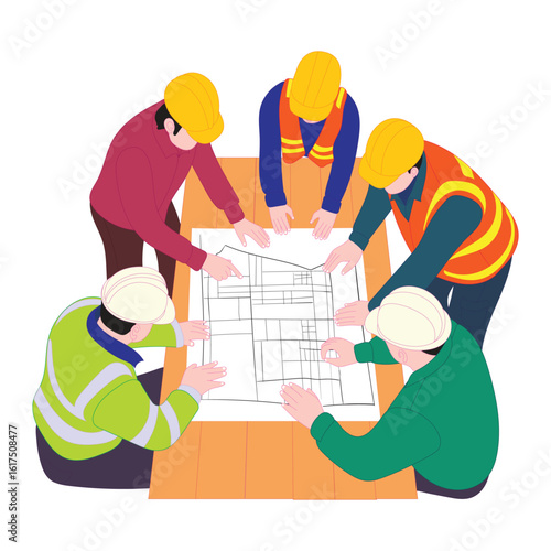 Group of construction workers and engineers with safety helmets meeting to review architectural blueprint at table. Perfect for themes of collaboration, building, teamwork, planning.