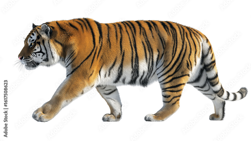 Obraz premium Side profile of a powerful tiger mid-step, focused eyes and vibrant stripes, realistic fur texture, real look, full view, on white background, 4k, unique, no blur, clear view