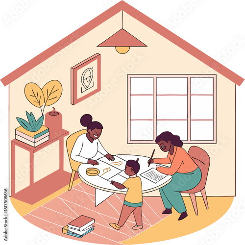 Parents and two children sitting at table doing homework