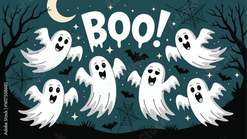 Cartoon Ghosts and Bats with Boo! Text on Dark Background for Halloween Celebration
