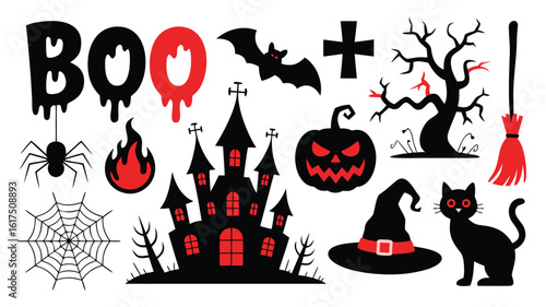Cartoon Halloween Clip Art Boo, Haunted House, Black Cat, Bat, Pumpkin, Spiderweb and More