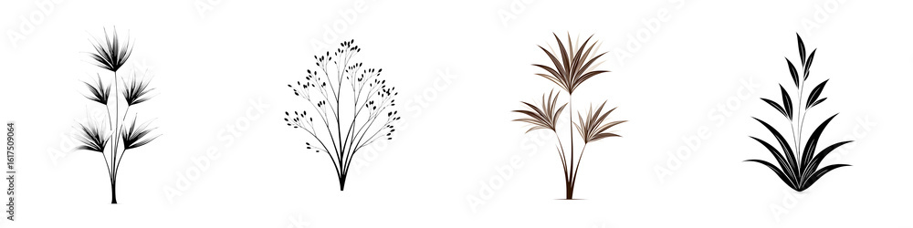 Fototapeta premium Ornamental Grass Collection: Black and Brown Grass Silhouettes on White
