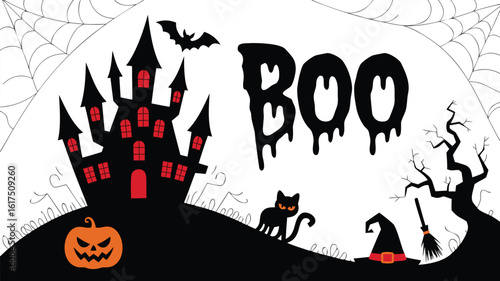 Cartoon Halloween with Haunted House, Pumpkin, Cat, Bat, Witch Hat and Boo