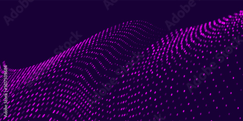 Futuristic dot wave. Abstract digital particle wave. Technology background. Colored musical wave. Dark background. Digital background with smooth, wavy curves. 3D illustration