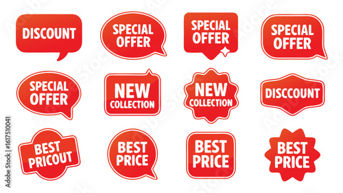 Collection of Red Promotional Tags Discount, Special Offer, New Collection, and Best Price Signs