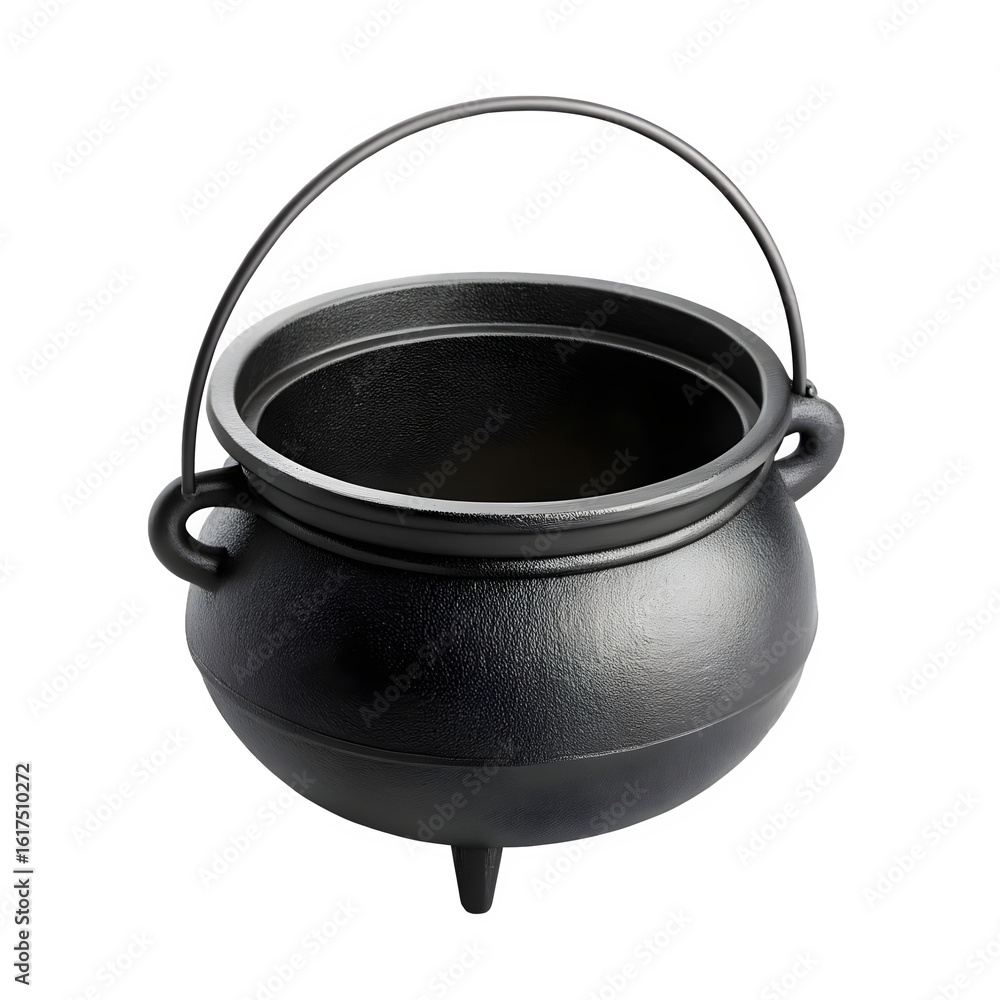 Fototapeta premium Mysterious black cauldron with handle, perfect for Halloween or fantasy themes, ready to brew magic.