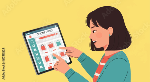 Illustrated woman with a dark bob haircut happily browsing an online store on a digital tablet, pointing at the screen to choose a product.