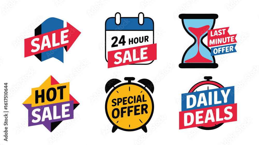 Obraz premium Colorful Graphics of Sale Badges, Including Hot Sales, Daily Deals and More