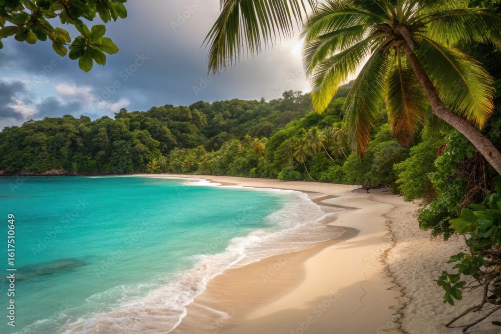Obraz premium A stunning tropical beach with turquoise water and lush green palm trees under a dramatic sky