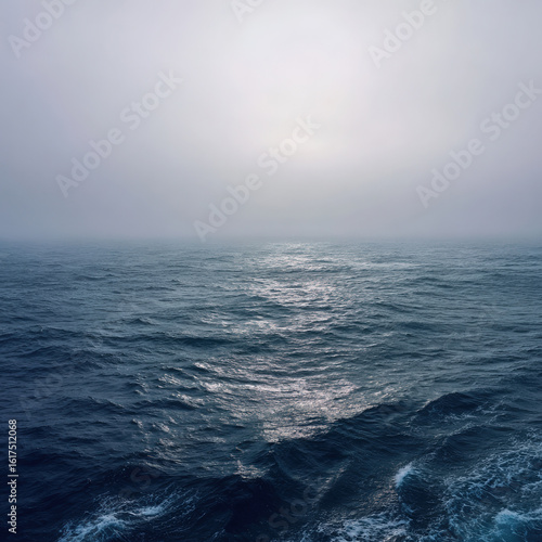 Vast Ocean Expanse Under a Misty Sky A Serene Seascape with Gentle Waves and a Soft, Overcast Horizon