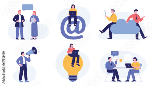 Wallpaper Mural Flat Illustration Business Professionals Communicating, Networking, Cloud Computing, and Idea Generation with Light Bulb Torontodigital.ca