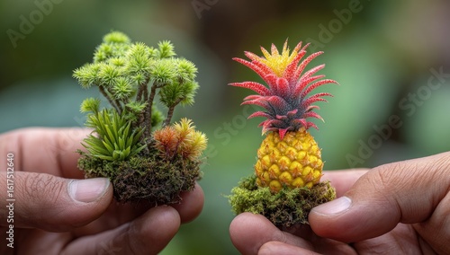 Two miniature potted plants, one a mini-tree, the other a mini-pineapple, held by hands