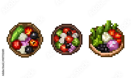 Pixel Art Salad Bowl Set. A set of three pixel art illustrations of salad bowls filled with various fresh vegetables such as tomatoes, lettuce, onions, olives, and possibly cheese.