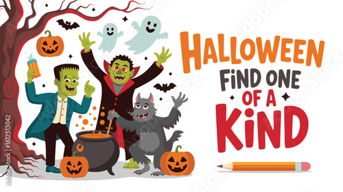 Halloween Characters Cartoon Featuring Frankenstein, Vampire, Werewolf and Ghosts with Pumpkins Decoration