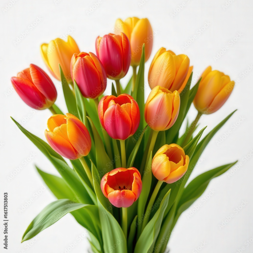 Vibrant Tulips in a Colorful Bouquet with Green Leaves on a Soft White Background for Spring Floral Decor Vibrant Tulips in a Colorful Bouquet with Green Leaves on a Soft White Background for Spring Floral Decor