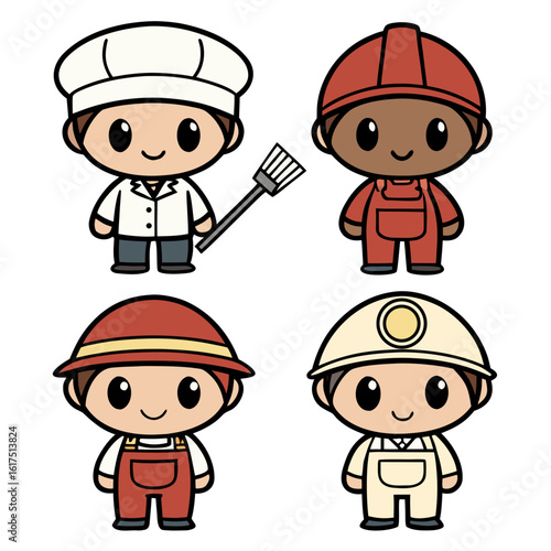 Four cute cartoon characters in different work uniforms and hats people professions