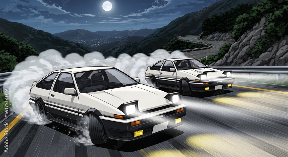 Fototapeta premium Retro Anime Moonlight Drift Race: Classic JDM Cars on Mountain Pass