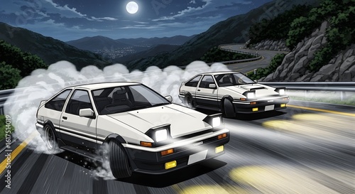 Retro Anime Moonlight Drift Race: Classic JDM Cars on Mountain Pass