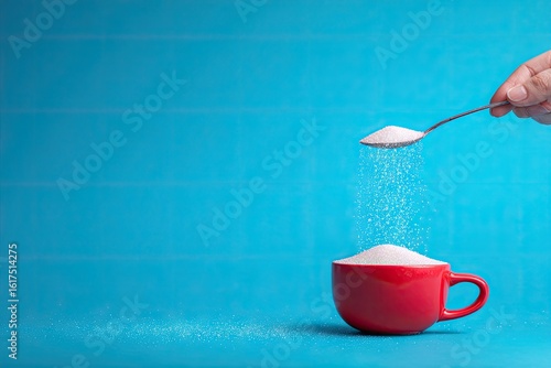 Sugar pouring from a spoon into a red cup