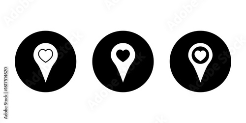 Location pin with heart icon set. Love place marker symbol in black circle. Romantic GPS navigation concept