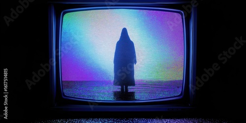 haunted analog tv with shadowy man silhouette in glitch art