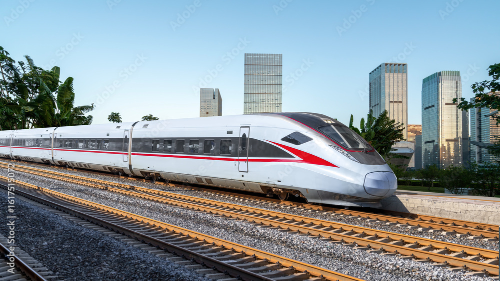 Naklejka premium High-Speed Train in Modern Cityscape