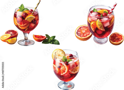 Red sangria cocktail, fruit cocktail with cherry vector illustration.