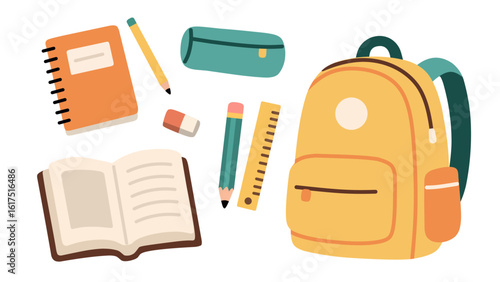 A flat style illustration of various school supplies. Perfect for back to school themes, educational materials, and stationery design. 