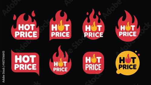 Set of Eight Red Hot Price Stickers with Flames for Retail Promotions on Black