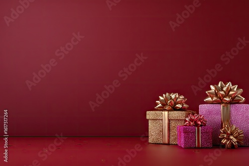 Three gift boxes with gold ribbons on a deep maroon background