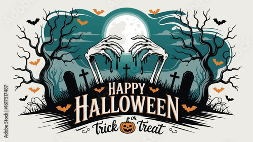 Spooky Happy Halloween Design with Zombie Hands, Tombstones, Bats, and Full Moon