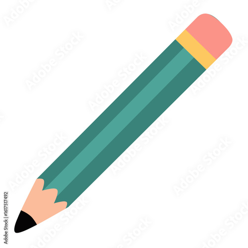 Short green pencil with eraser tip, illustrated in minimal flat style. Suitable for study tools, note-taking, or kids' school equipment.