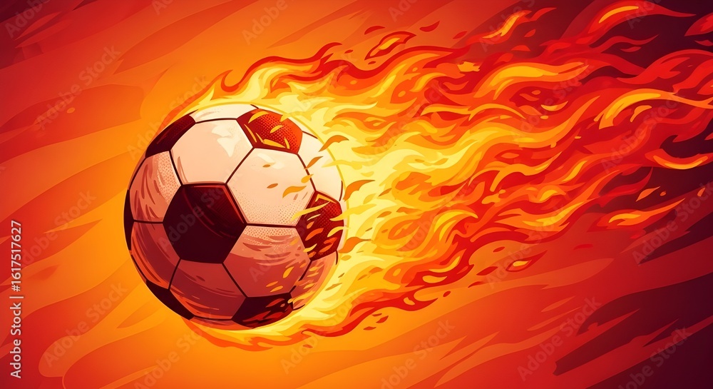 Naklejka premium Soccer Ball on Fire - In Motion, Dynamic Sports Action, Energetic Football, Intense Game, Power, Fiery Energy, Fast Speed