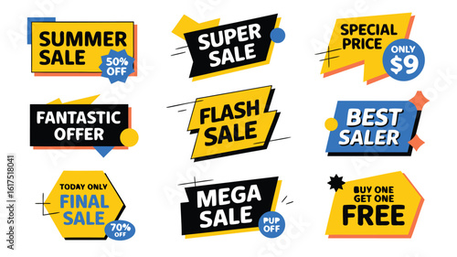 Variety of Retail Sale Badges Offering Summer Sales, Flash Sales, and Special Prices