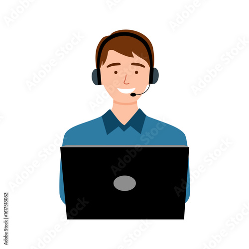 Customer support operator flat vector cartoon illustration. Hotline employee with notebook and headset receiving an order from a customer handling situation helping people.