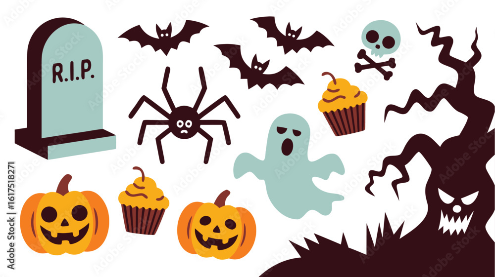 Obraz premium Whimsical Halloween Illustrations Tombstone, Bats, Spider, Ghost, Skull, Cupcakes, Pumpkins, and Spooky Tree