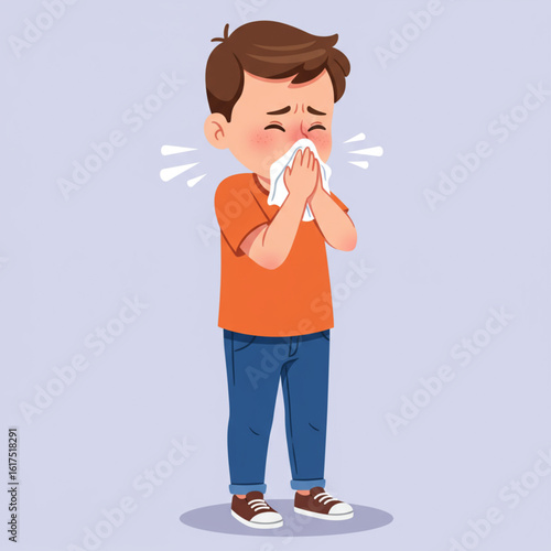 Little Boy Sneezing into Elbow – Cartoon Vector Health Concept on White Background