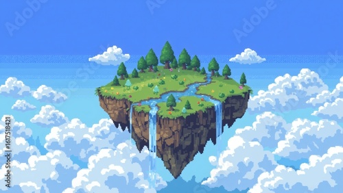 8-Bit Floating Island in the Sky with Waterfalls