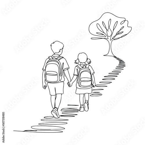 Beautiful Line Art of Two Children with Backpacks Walking Hand in Hand Along a Winding Path Toward a Tree – Perfect for School, Education, Adventure, and Childhood Conceptual Use, Graphic Design