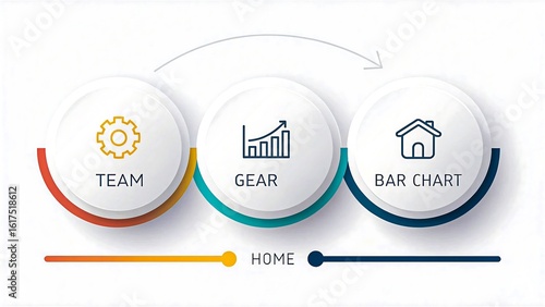 Minimalist Circular Infographic with Icons Representing Team, Gear, and Bar Chart for Business Concepts
