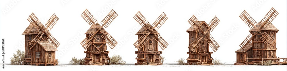 Obraz premium Four wooden windmills
