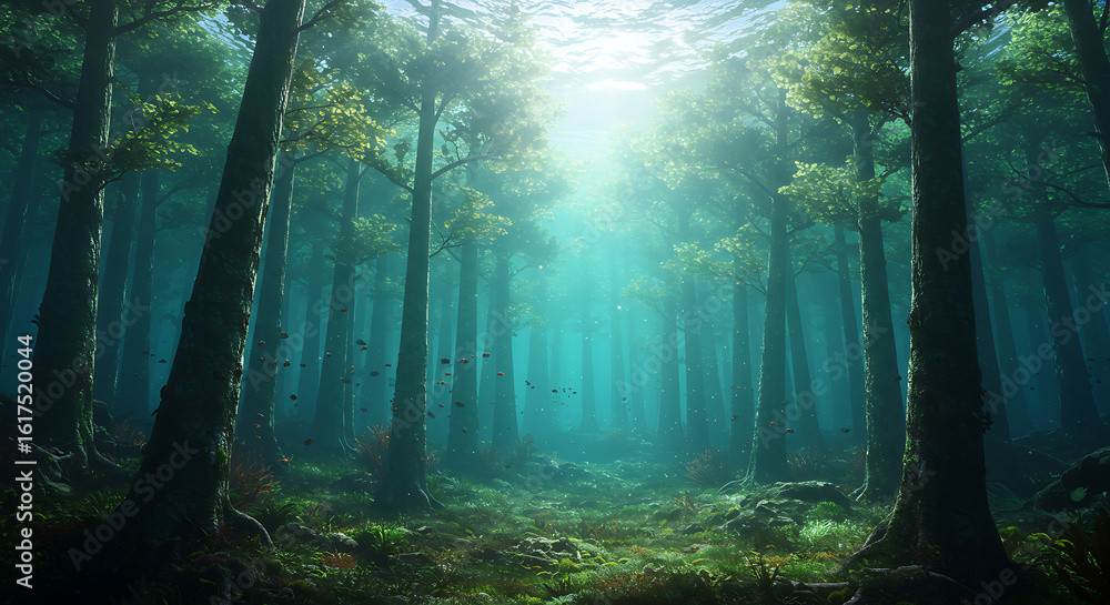 Naklejka premium Sunlit Forest Canopy A Serene Woodland Scene with Vibrant Green Trees and a Mystical Atmosphere