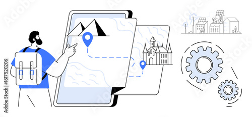 Man with backpack interacts with digital maps featuring geolocation points, landmarks, and directional paths. Ideal for travel, navigation, exploration, tourism, planning, mobile apps innovation