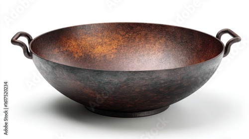 A single, beautifully textured 4K photorealistic image of a carbon steel wok with a flat bottom, seasoned appearance, perfectly isolated on a pure white background. Warm, inviting lighting, subtle