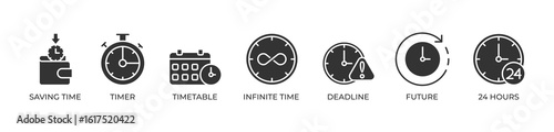 Time Optimization Icons set vector illustration glyph with Saving time, Timer, Timetable, Infinite time, Deadline, Future, 24 hours