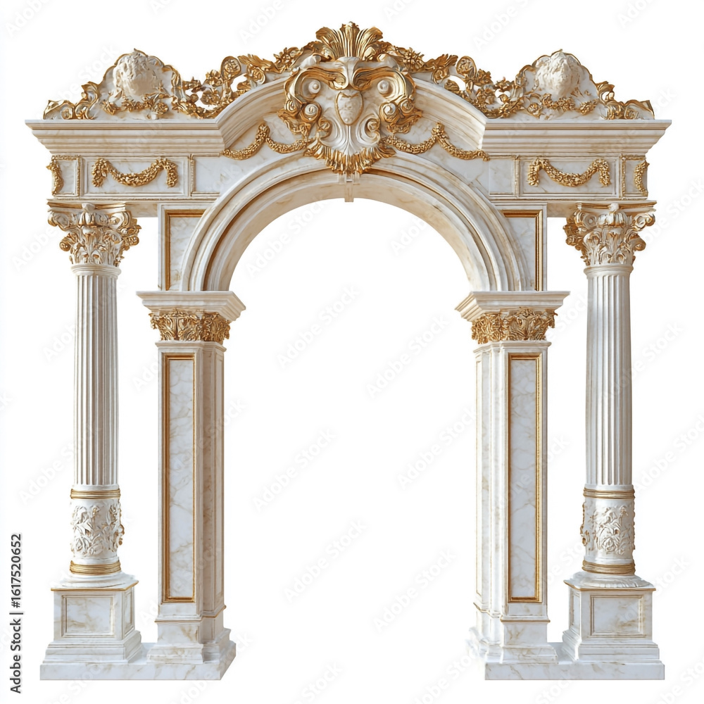 Fototapeta premium Ornate White Marble Archway with Gold Gilded Corinthian Columns architectural element